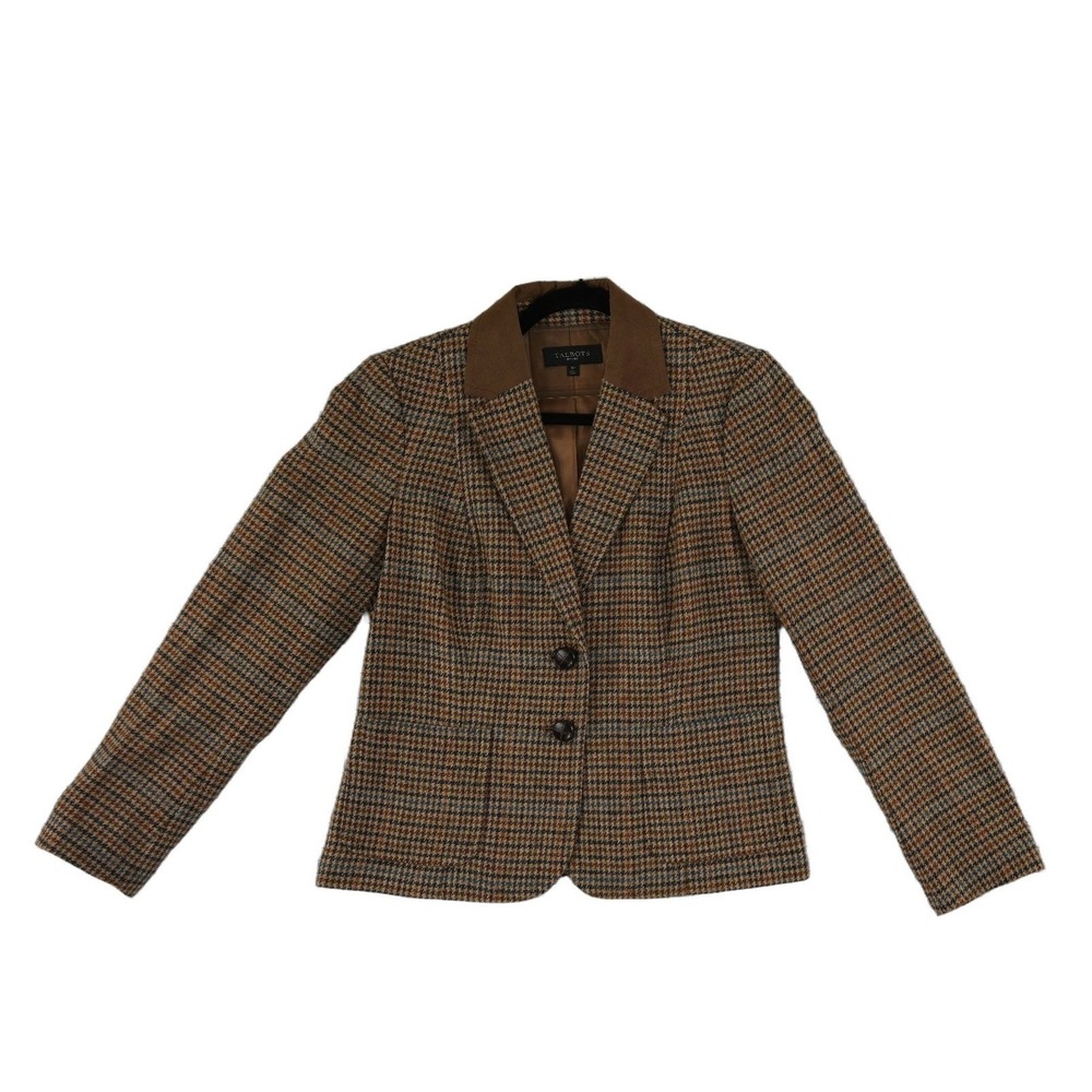 Talbots Blazer Women's Size 8 Petite 8P Brown Houndstooth Wool Blend Elbow Patch